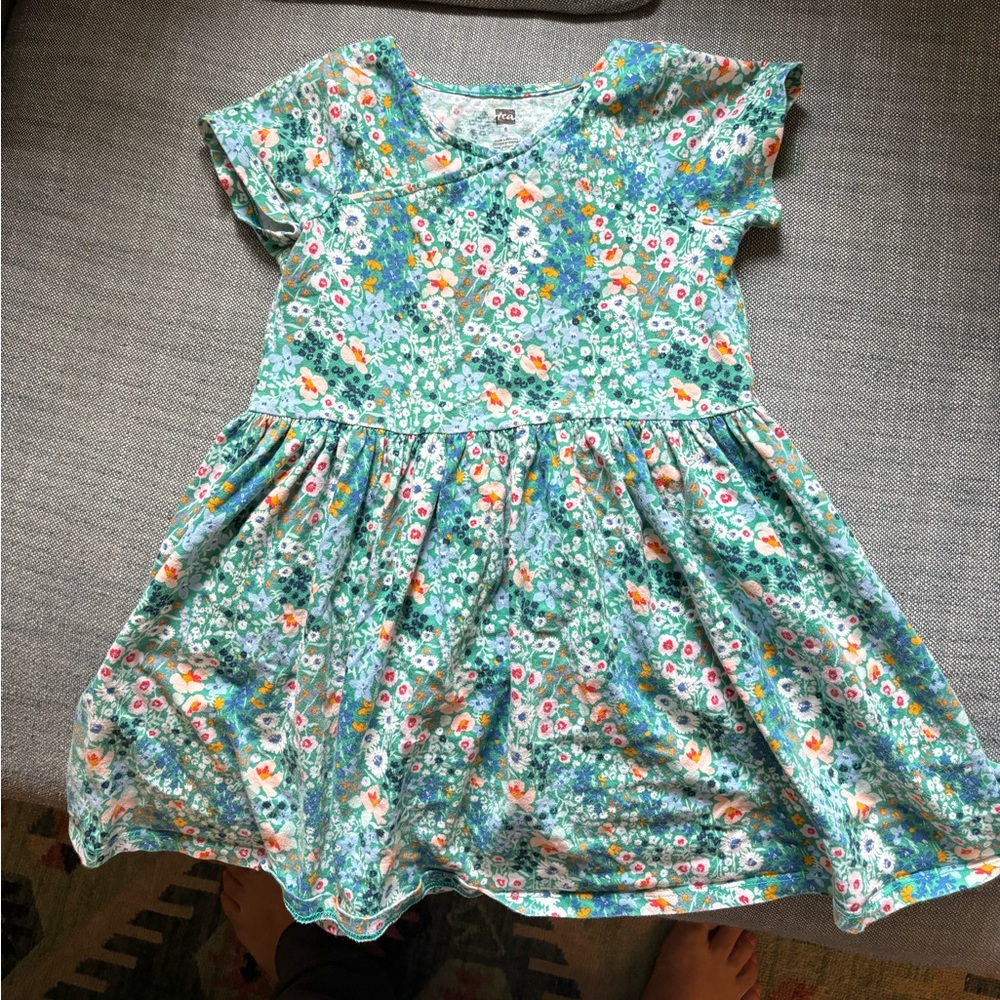 Tea Collection Short Sleeve Wrap Neck Dress - Blue Green Floral
